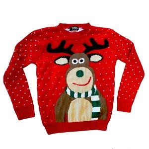 Vintage Oyisis Red Ugly Christmas Sweater reindeer polka dot Sz S/M